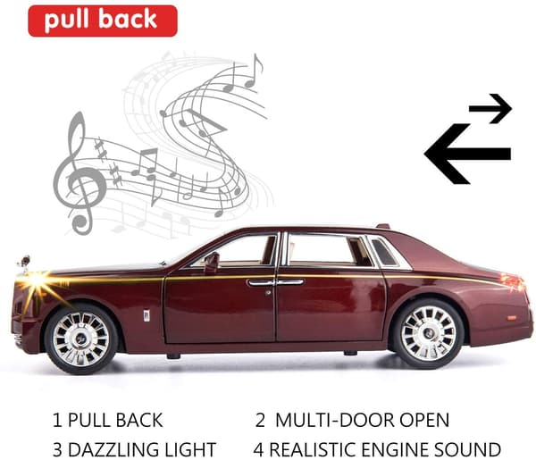 1/24 Rolls-Royce Phantom Modelbil, Zink Legetøjsbil med Trækfunktion, Lyd og Lys til Børn (Rød)