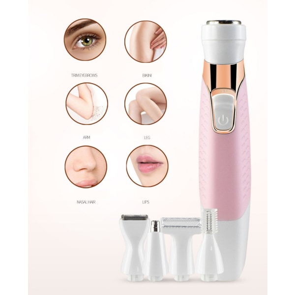 Kvinners Bikini Trimmer, 5 i 1 Elektrisk Damebarbermaskin, Oppladbar Epilator Dame Hårløs Barbermaskin for Bikiniområde /Nese/ Armhule/Øyenbryn/Ansikt, Rosa