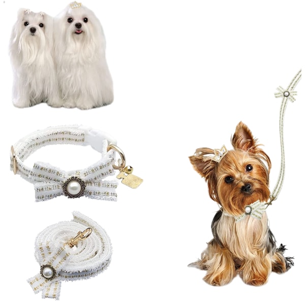 Puppy - Pearl Trim and Dog Collar Leash Set Hundtillbehör för små hundar och katter, snygga och snygga(L)