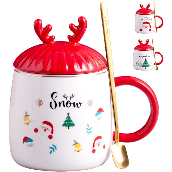 Söt mugg Jul Kaffeemugg, Högkvalitativt keramiskt material, Hög temperaturbeständig, 15oz med 3D-lock och sked, Julgåva, Snöflinga