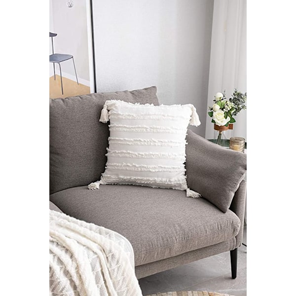 Pudebetræk 18x18 tommer Stribet Jacquard Bomuld Linned Dekorative Pudebetræk til Hjemmeindretning Sofa Landlig Stue Soveværelse（Hvid）