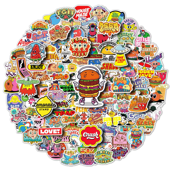 Cartoon Food Party Stickers, set med 100, vattentät och UV-beständig, perfekt för alla dina prylar
