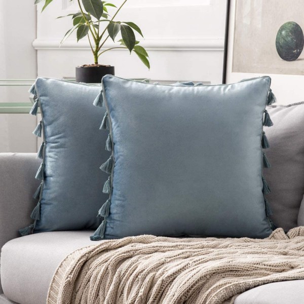 Pack of 2 Velvet Fringe Pillowcases (Light Blue, 18 x 18 inch)