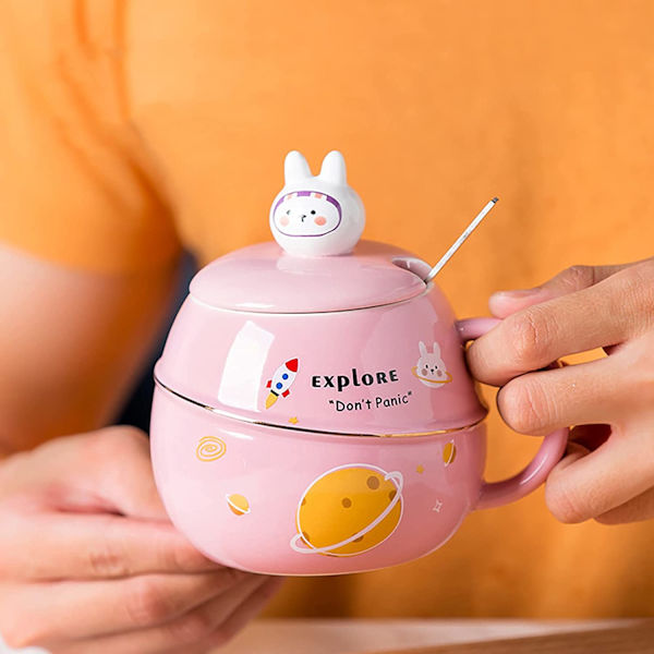 Söötjänis-mukikupillinen kansi ja lusikka, Kawaii Pääsiäislahjat Keramiikka Mukit Kupit Kahville/Teelle/Kuumaa Suklaata/Maidolle 500ml/17oz