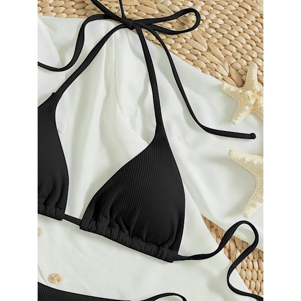 Dam Halter Tie Side Triangle Bikini Set Hög Skuren 2 Delad Bikini Baddräkt Ribbed Black M