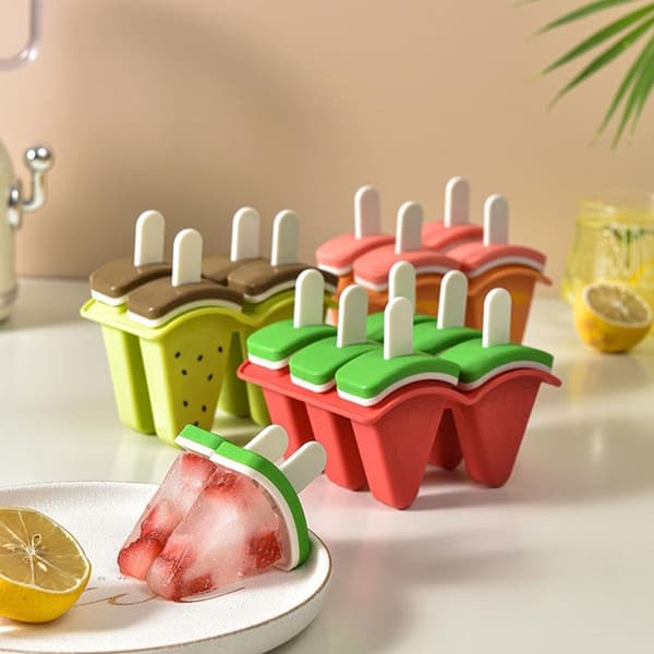 4-rums Vandmelon Ispindeforme, Silikone Isform med Pinde - DIY Hjemmelavet Godbidsform, Let-Slip Saftis til Fester Red