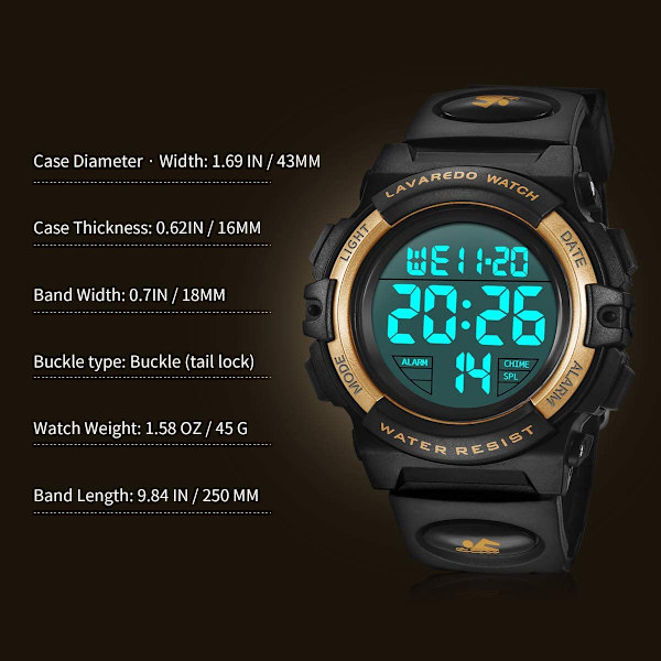 Barnklocka, Pojkklocka för 6-15 år gamla pojkar, Digital Sport Outdoor Multifunktionell Kronograf LED 50M Vattentät Alarm Kalender Analog Klocka（Guld）