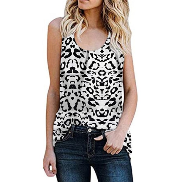Dam Sommar U-hals Boho linne med print Casual ärmlösa skjortor Camis, svart och vit leopard（XL）