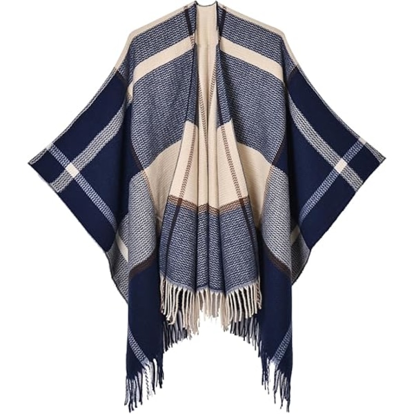 Damekappe med åpen front, reiseponcho, varm overdimensjonert pleddgenser, avslappet cardigan, sjal for høst og vinter, marineblå