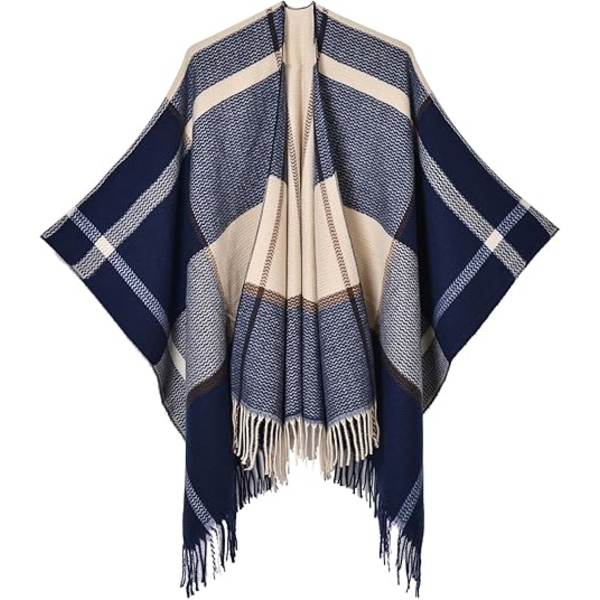 Damkoftor med öppen front, sjal, poncho, kappa, varm, stor, rutig, casual, höst, vinter, marinblå
