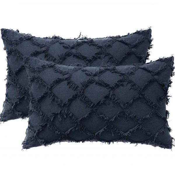 2-delt Boho putetrekk Rutete Frynser Farmhouse Lin Plaid Texture Pudetrekk for Sofa Soverom Sofa Stue (Marineblå, 12 X 20 Tommer)