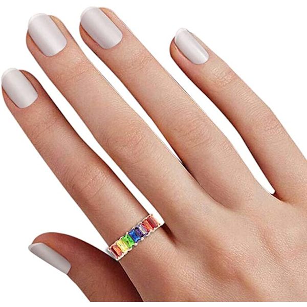 Ruusukullan päällystetty smaragdileikattu monivärinen synteettinen jalokivi ikuisuusrengas Rainbow-7