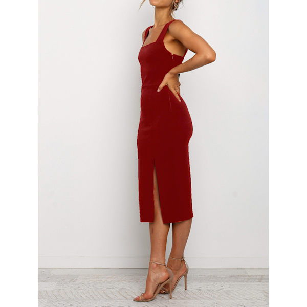 Kvinnors sexiga split lår tank klänning bodycon fest sommarklänningar (vinröd XL)