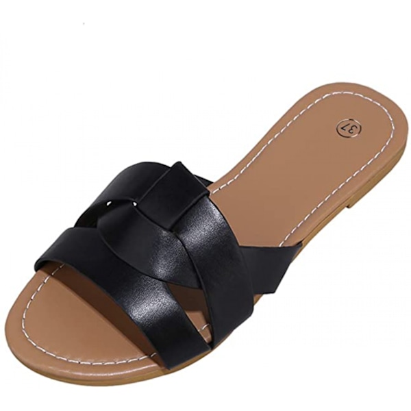 Dames Sommer Flade Slides Sandaler Casual Rem Strop Kryds Slip On Sliders Strand Flade Sandaler -------  Sort  （Størrelse 40）