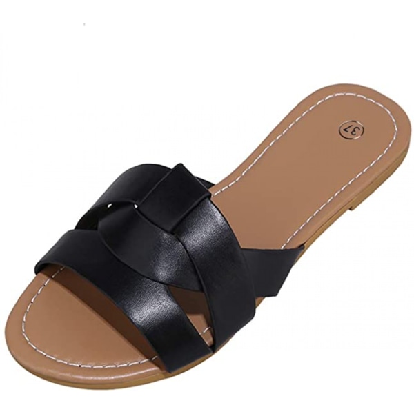 Platta sandaler för kvinnor sommar, platta sandaler Casual Strap Cross Slip On Sliders Strandsandaler platta ------- Svarta （Storlek 37）