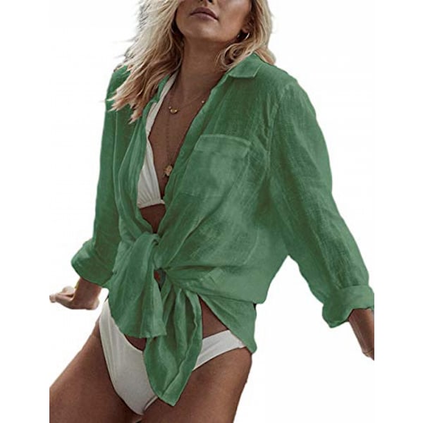 Kvinder Langærmet Strandskjorte Bluser Turn Down Krave Badetøj Cover Ups, G-grøn