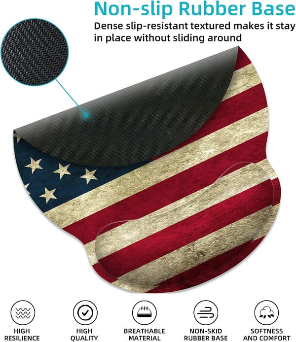 Ergonomisk musematte med håndleddsstøtte, Amerikansk flagg musematte med håndleddsstøtte, Lindre håndleddssmerter Musematte Sklisikker gummibase, Mus