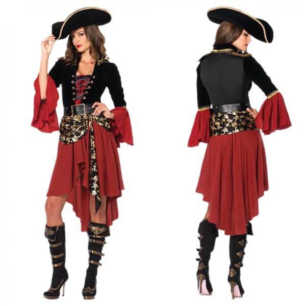 Womens Cruel Seas Pirate Captain Dress Costume med fäst skärp, bälte, hatt, svart/burgunder, S