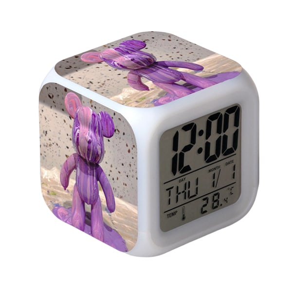Cartoon Fluid Violent Bear Alarm Clock LED Square Clock Digital Alarm Clock med tid, temperatur, alarm, datum