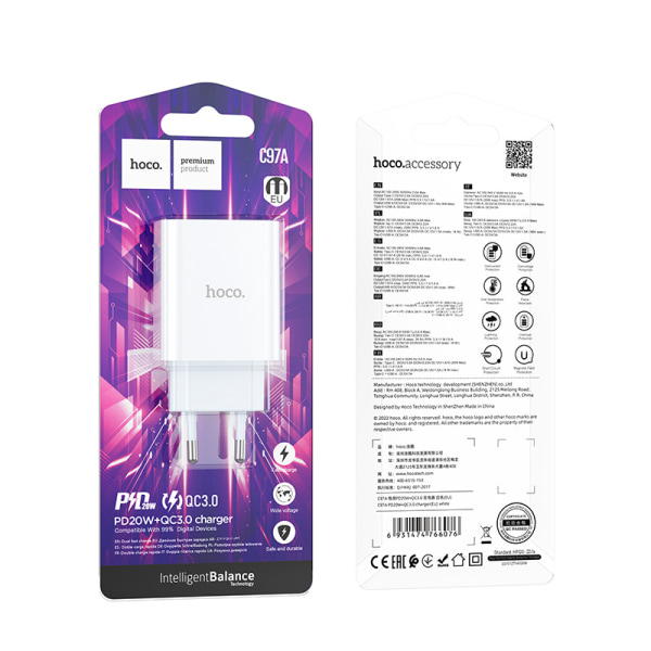 hoco. C97A Europeisk standard PD20W+QC3.0 lader for iPhone13 mobiltelefon hurtiglading hode