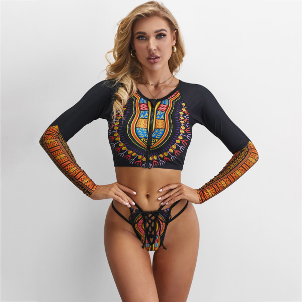 Kvinners Langærmet Rash Guard UPF 50+ UV Solbeskyttelse Glidelås foran Badedrakt Skjorte Trykt Surfe Skjorte Topp，L