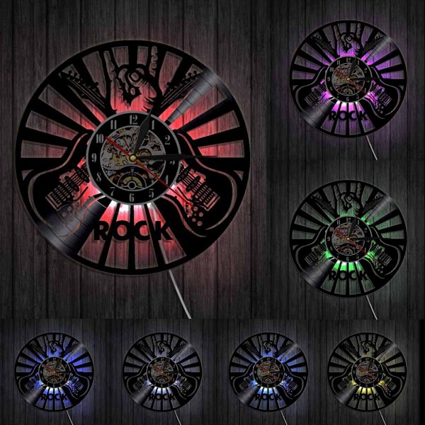 Musikvynil väggklocka - Rockgitarr LED-ljus väggklocka - Vinylklocka - Vardagsrumsväggdekor - Unika presenter till musikälskare