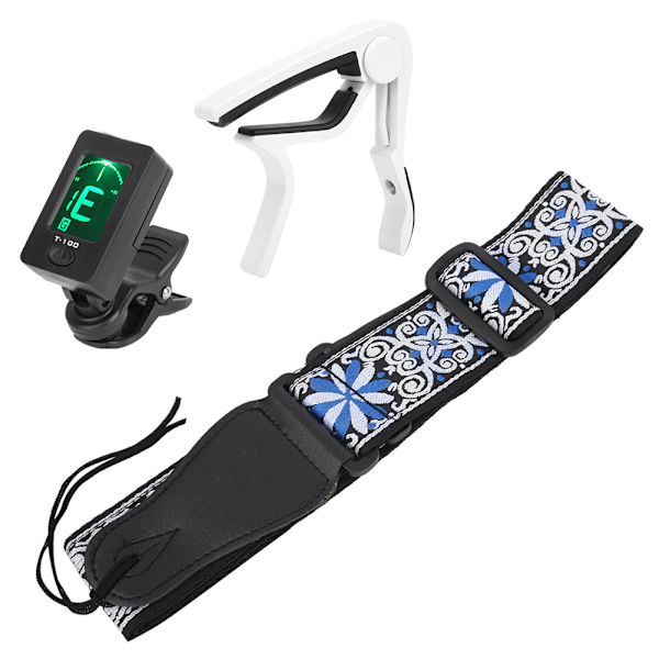 Klassisk gitar C102 streng+T-100 tuner+hvit sinklegering capo+blå brodert gitarreim sett