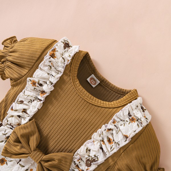 Pige Floral Romper Suspender Shorts Rufflede Puff Sleeve Bodysuit Jumpsuit One Piece Sommer Outfit --- Brun（Størrelse 80）