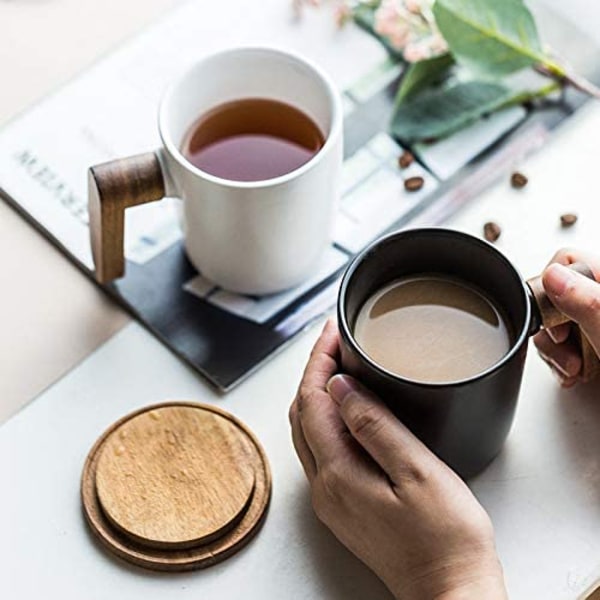 Slät keramisk kaffemugg, kreativ kontorsmugg i nordisk stil, trähandtag med lock, specialtillverkad retro keramisk kopp, 13 ounces, 1 (vit & svart)