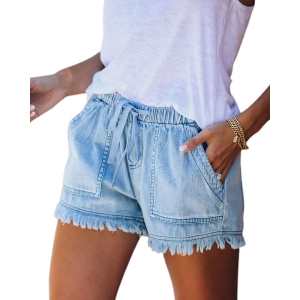 AVEKI Jeansshorts för kvinnor för casual sommar Mid midja Frayed Stretchy Ripped --- Ljusblå （Storlek S）