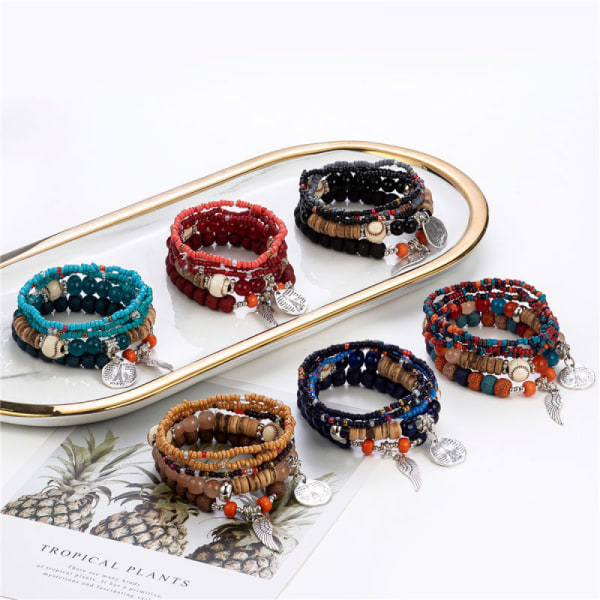 6 Sets Bohemian Stackable Bead Bracelets for Women Stretch Multilayered Beaded Bracelet Set Leaf Tassel Charm Bangles Women Gifts