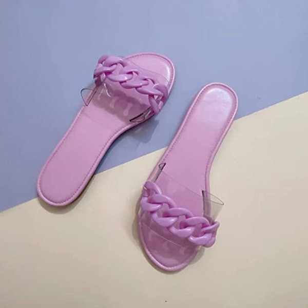 Kvinnersandaler Strand Åpen Tå Flat Slippers Transparent  Mote Fargerik Kjede Klar Slide Flip Flops Slip on Utendørs Strand ----- Lilla （Størrelse 40）