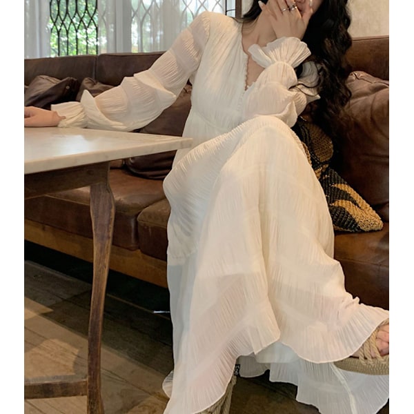 Womens V-hals Langærmet A-Linje Ruffle Lagdelt Casual Lang Maxi Kjole (Hvid S)
