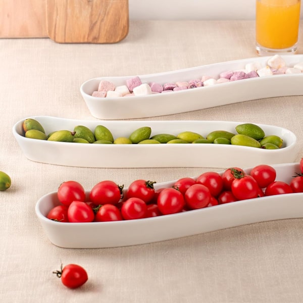3-pack olivfat - mångsidig keramisk olivbricka för snacks, aptitretare - lång båtformad restaurangvara för underhållning