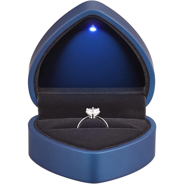 Hjärtformad LED-ring presentförpackning med sammetsinredning - Elegant smyckeskrin för bröllop, förlovning, frieri, födelsedag & årsdag blue