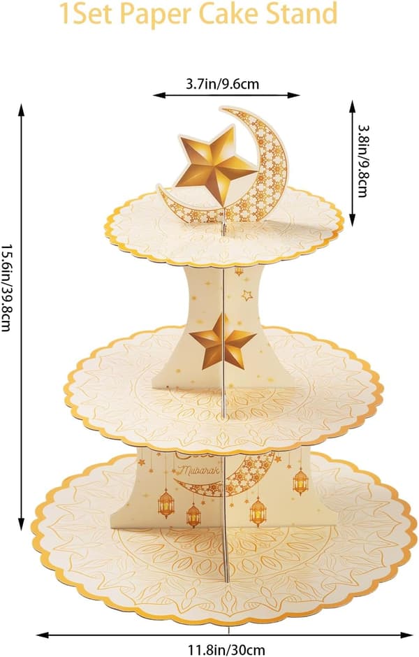 3-lags Måne- og Stjerne Cupcake-stativ, Beige Gull Eid-tema Papp Desserttårn, Cupcakeholderbrett for Ramadan, Bryllup og Bursdag