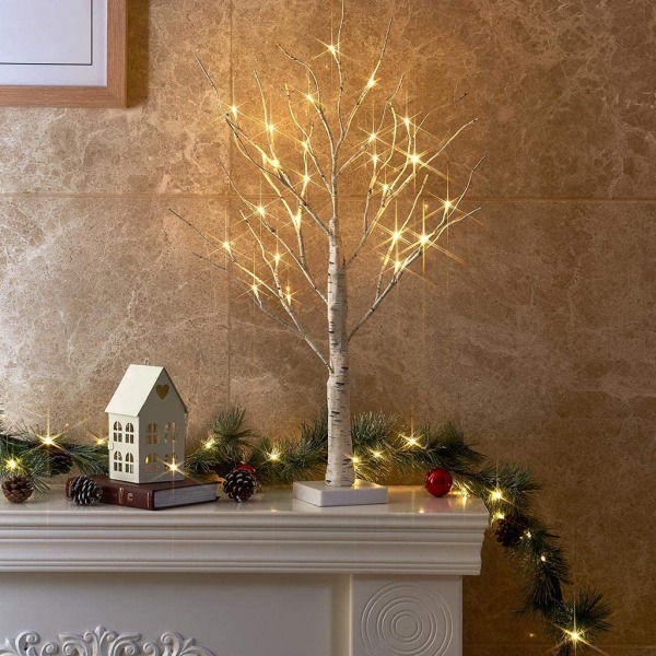 24” 2FT 24LT Lighted Birch Tree Battery Powered Timer Warm White LED Artificial Branch Tree for Home Party Festival Wedding Decor, 2FT Table Tree Lamp