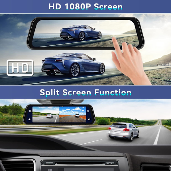 Speil Dash Cam med trådløs Apple CarPlay Android Auto, 1080P Front og bakre Dual Dash Cam for biler, lastebiler, 9,66 '' IPS Touchscree