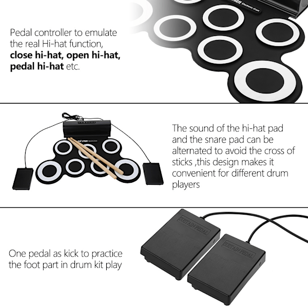 Rullbar, sammenleggbar, elektrisk, digitalt trommesett med pedaler, musikkinstrumenter, leketøy for barn