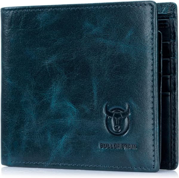 RFID-plånböcker för män Slim Bifold Äkta läder Framficka Plånbok med 2 ID-fönster QB-05 (Påfågelblå)