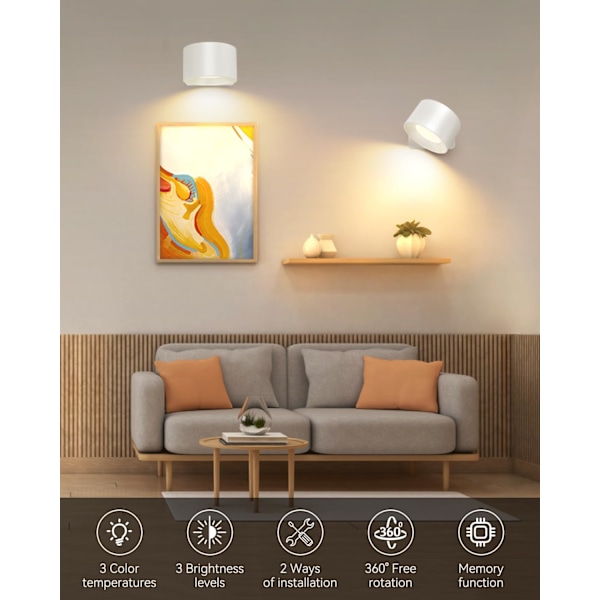 Væglampe, Touch Control Væglampe, 3 Lysstyrkeniveauer & 3 Farver Vægmonteret 360° Rotation LED Væglampe, Indendørs Billedlampe Læselampe white