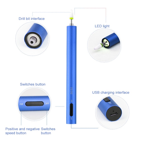 12000RPM Elektrisk Neglepolermaskine USB Genopladelig Negleboremaskine Manicure MaskineBlå