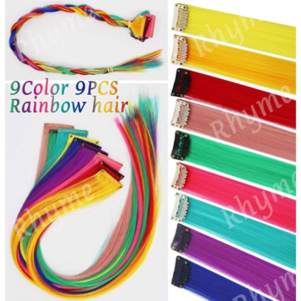 Rainbow Hårförlängningar Färgat hårförlängning Clip In/On För tjejer Håraccessoarer Peruk för kvinnor 9st