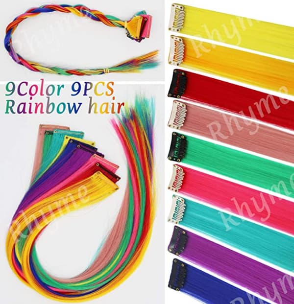 Regnbuehår Extensions Farvet Hår Extensions Clip In/On Til Piger Hår Tilbehør Paryk Stykker Til Kvinder 9PCS