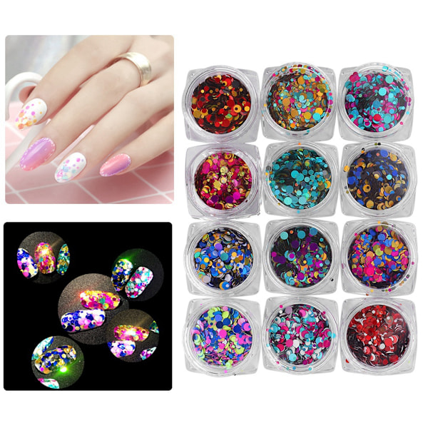 12 flaskor nagelkonst runda paljetter glitter glanspulver manikyr dekoration