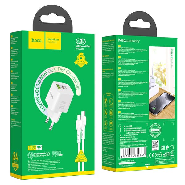 hoco. N20 Europæisk standard til iPhone PD20W+QC3.0 oplader kompakt opladerhovedsæt
