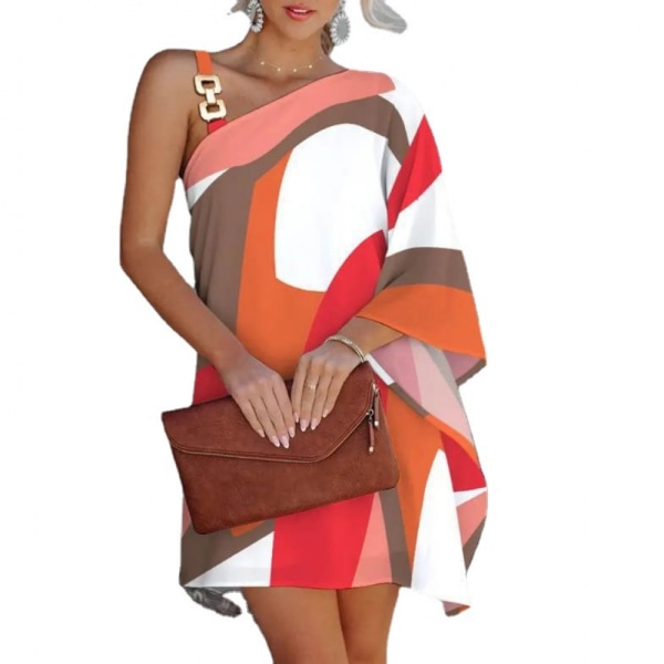 Pulloverklänningar för damer Lös fladdermus ärm Sexig metallrem En-axels slingklänning Business Casual Festklubbklänning (Orange XL)