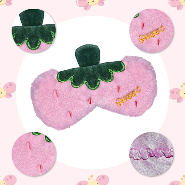 Søt Jordbær Øyemaske, Myk Fluffy Plush Blindfold Morsom Nyhet Frukt Sovemaske Øyendekke Skygge for Barn Jenter Gutter Kvinner M