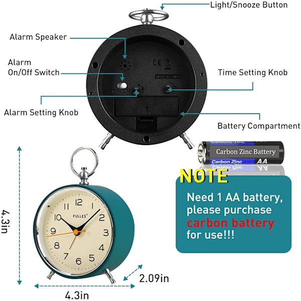 Analog väckarklocka utan tickande med nattlampa, snooze-funktion, rund retro väckarklocka, batteridriven klocka för sovrum, vardagsrum