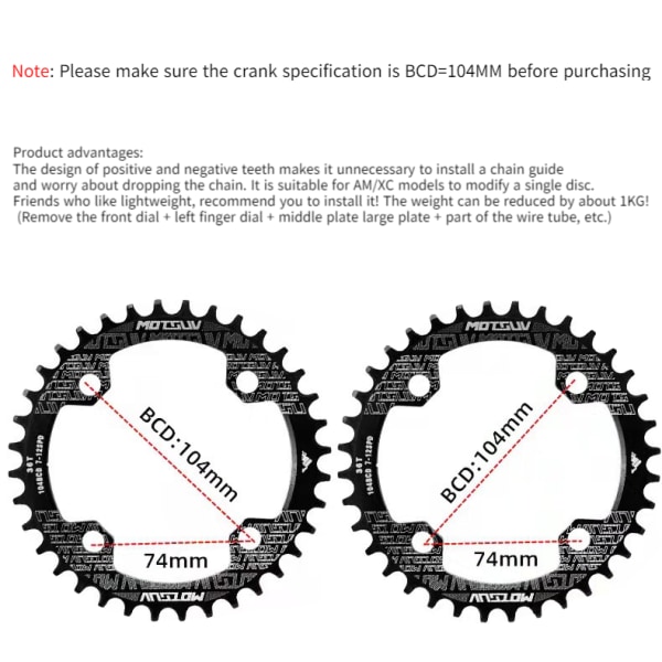 (One Piece) Mountainbike 104BCD Kædeblad Positivt og Negativt Kædeblad Enkelt Hastighed Cirkel (Ellipse 38T) Lilla